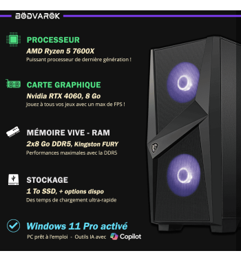 Achat : PC Gamer - Nvidia RTX 4060, AMD Ryzen 5, Win11 + Wifi